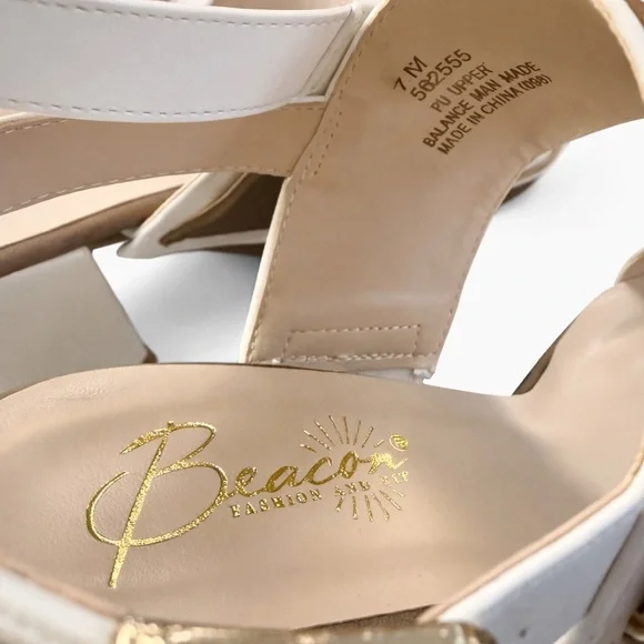 Beacon Cream & Tan Block Heel Sandal with Gold Buckle Accent - Picture 5 of 6